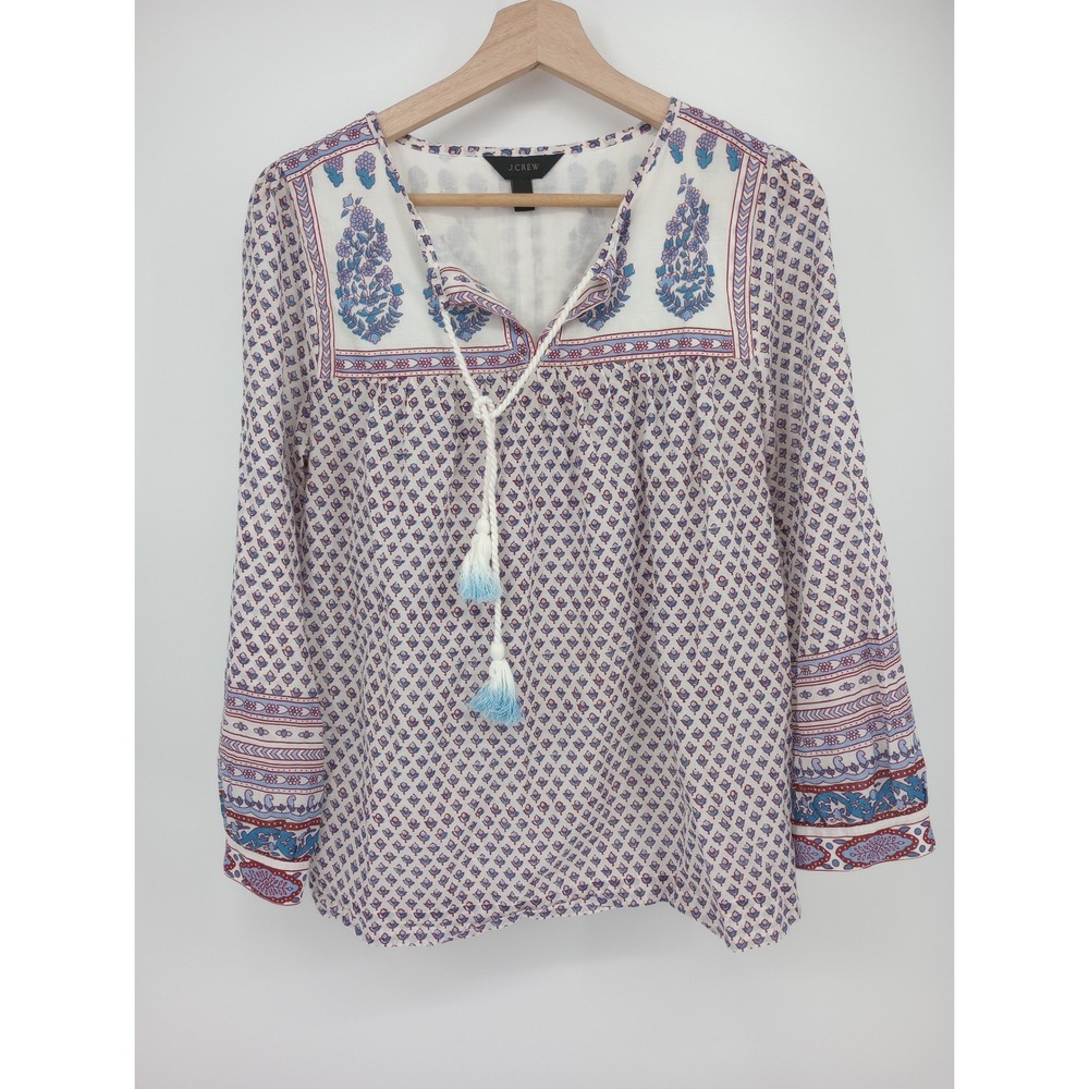 J.Crew Peasant Blouse Women 0 White Blue Pink Block Print Tassel Tie